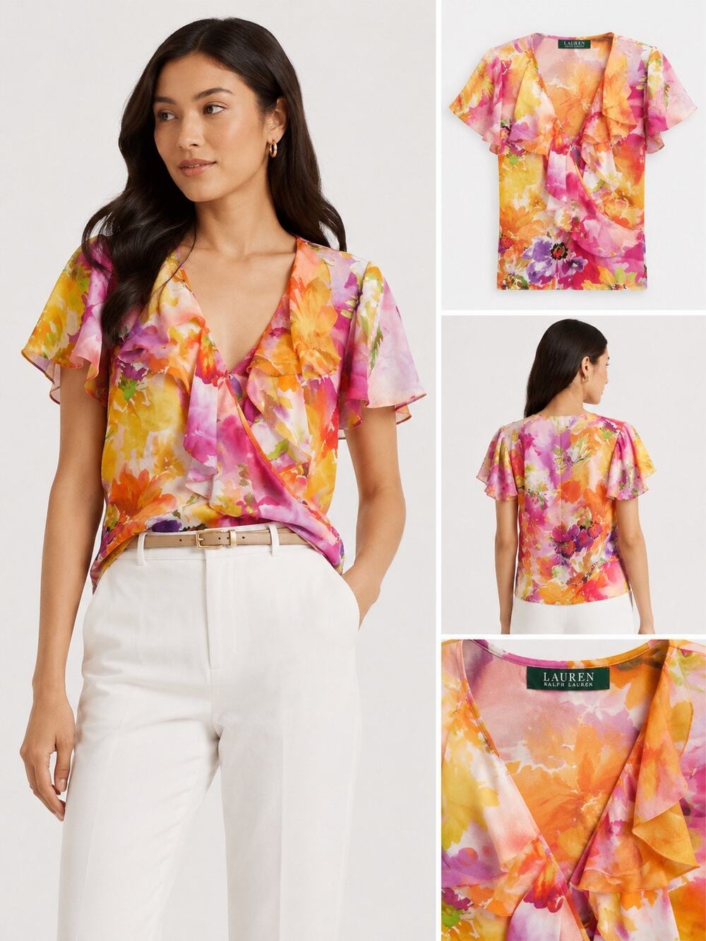 Lauren Ralph Lauren Silk Floral Ruffle Wrap Blouse Colorful Size 2
